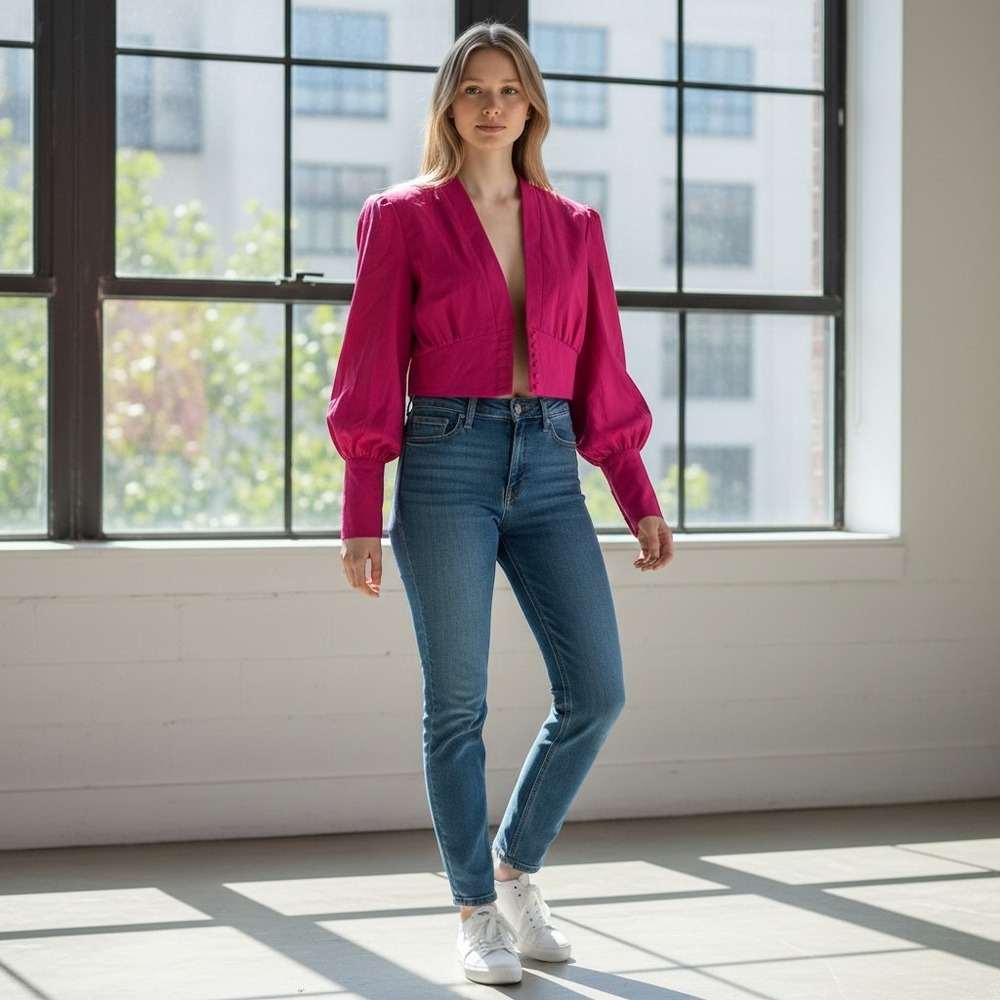 Fashion Nova Hot Pink Cropped Puff Sleeve Open Front Blouse XS HF22A511